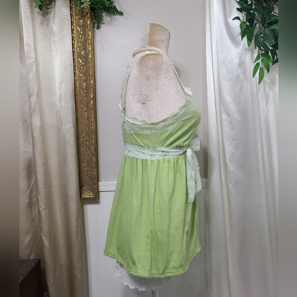 ♡ Y2K ♡ Abercrombie & Fitch Lace Trim Green Babydoll Tank with Leaf Waist Tie - Picture 5 of 9